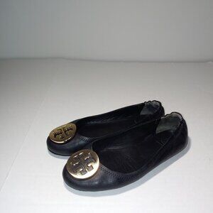 Tory Burch Minnie Travel Ballet Flat Shoes Black Gold Metal Logo Size 6.5
